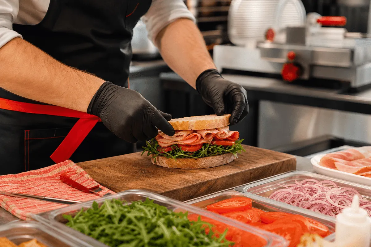 Staff hands assembling fresh sandwich on wooden board in well-lit professional deli setting