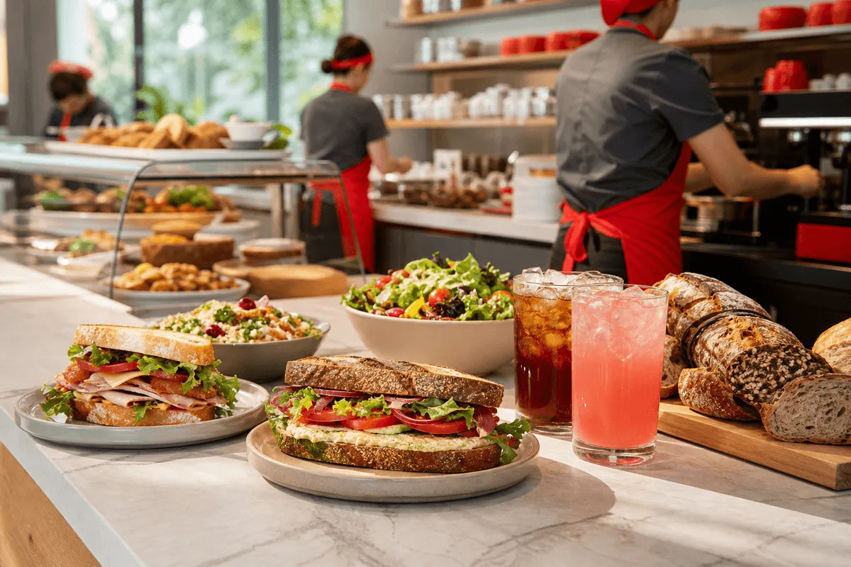 Staff hands assembling fresh sandwich on wooden board in well-lit professional deli setting